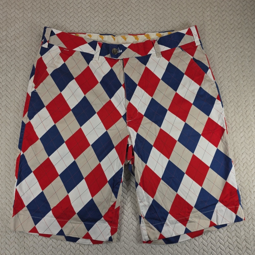 Loudmouth Golf Mens Argyle Shorts Red White Blue Khaki Cotton Stretch Size 36